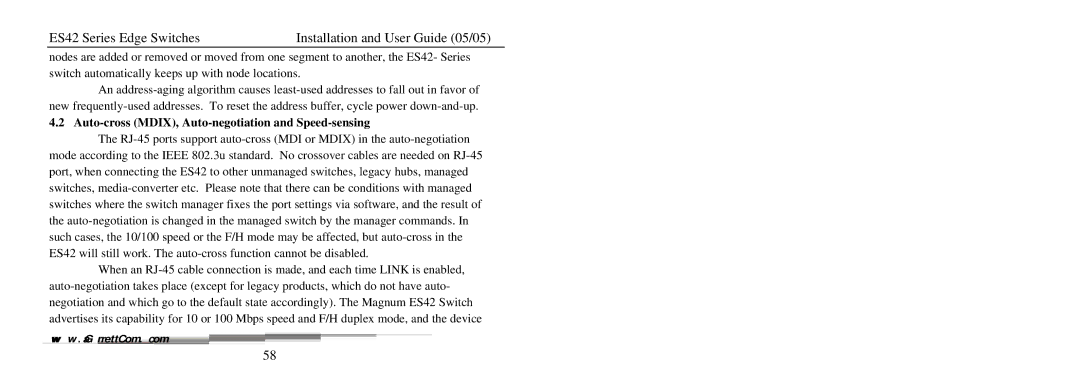 GarrettCom ES42 manual Auto-cross MDIX, Auto-negotiation and Speed-sensing 