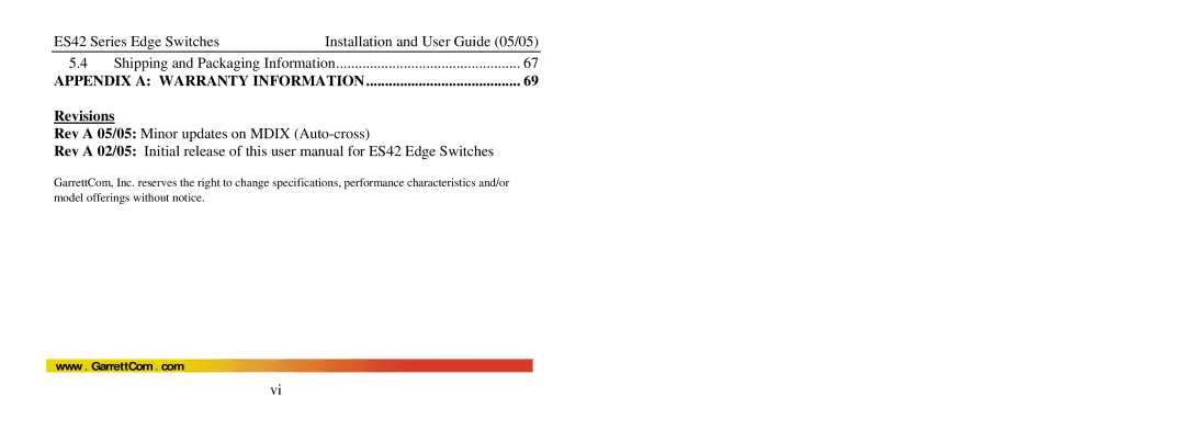 GarrettCom ES42 manual Appendix a Warranty Information, Revisions 