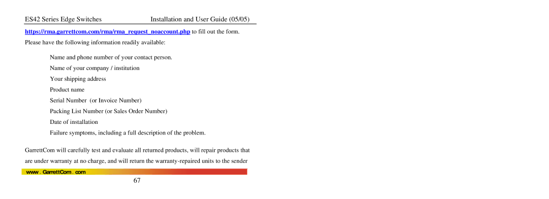 GarrettCom manual ES42 Series Edge Switches Installation and User Guide 05/05 