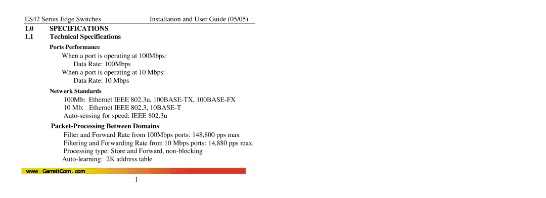 GarrettCom ES42 manual Technical Specifications, Packet-Processing Between Domains, Ports Performance, Network Standards 