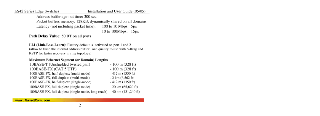 GarrettCom ES42 manual 100BASE-TX CAT 5 UTP, Maximum Ethernet Segment or Domain Lengths 
