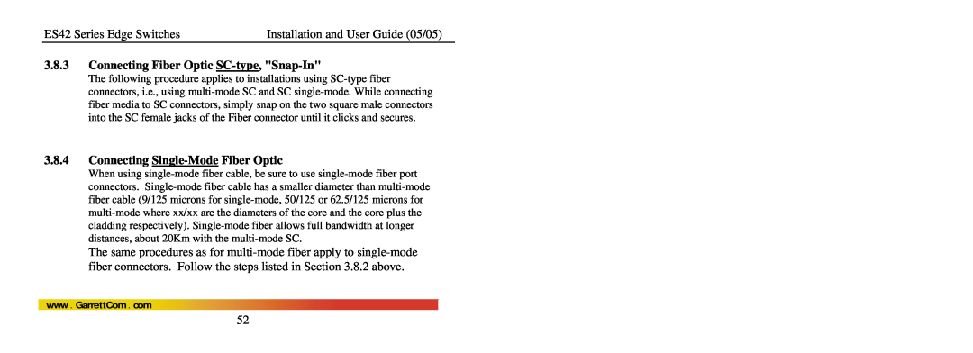 GarrettCom ES42 manual Connecting Fiber Optic SC-type, Snap-In, Connecting Single-Mode Fiber Optic 