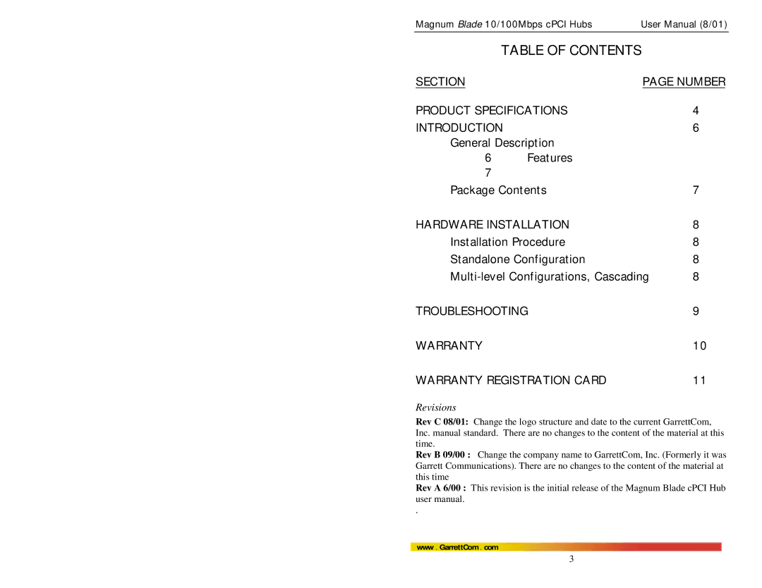 GarrettCom Hubs user manual Table of Contents 