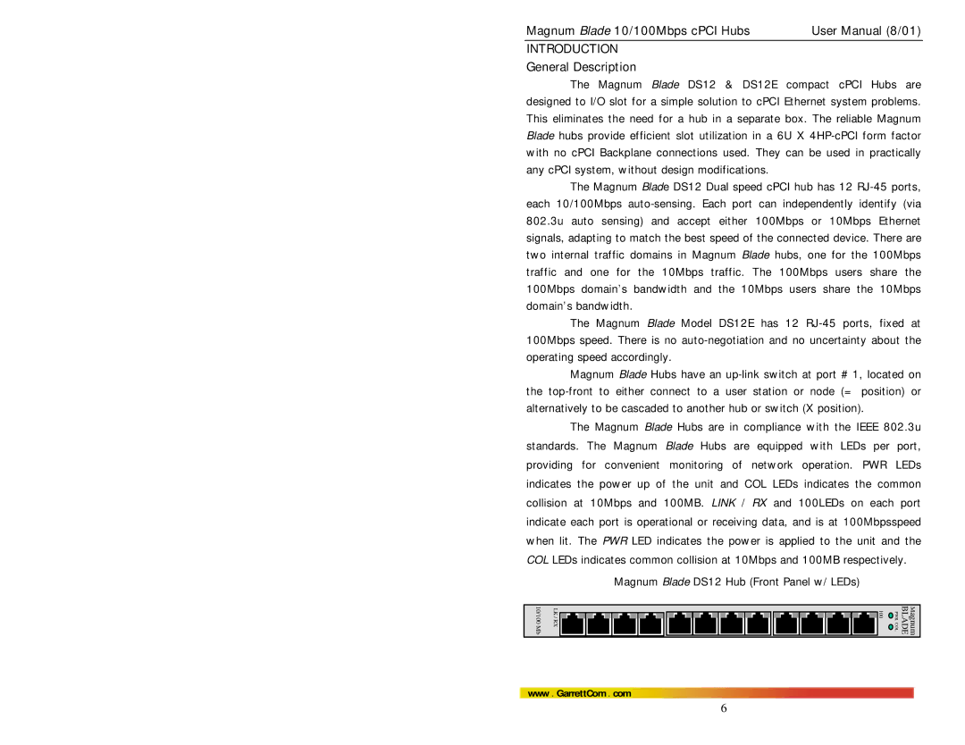 GarrettCom Hubs user manual Introduction, General Description 