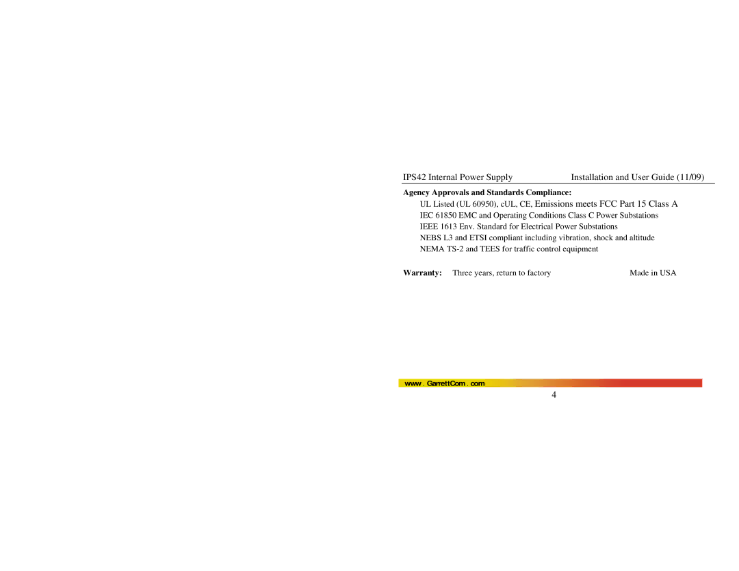 GarrettCom IPS42 manual Agency Approvals and Standards Compliance 