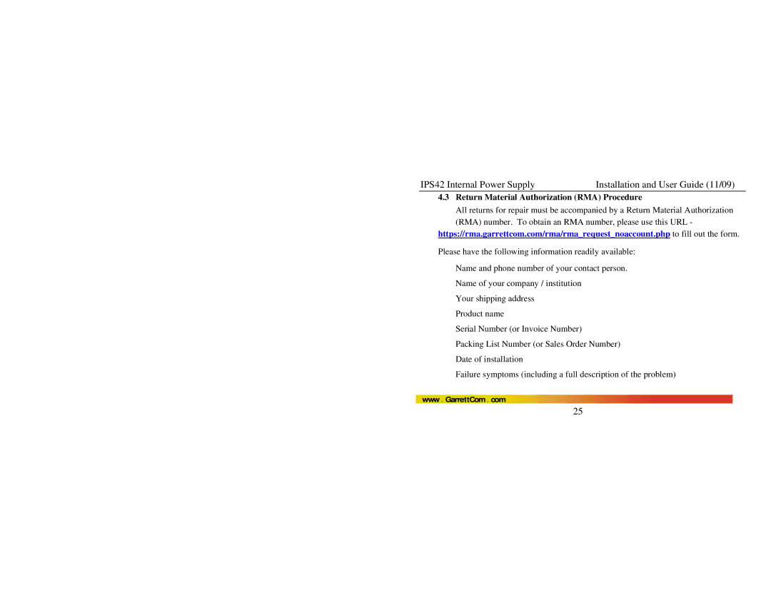 GarrettCom IPS42 manual Return Material Authorization RMA Procedure 