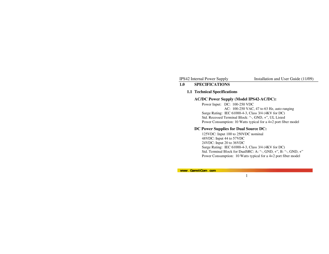 GarrettCom IPS42 manual DC Power Supplies for Dual Source DC 