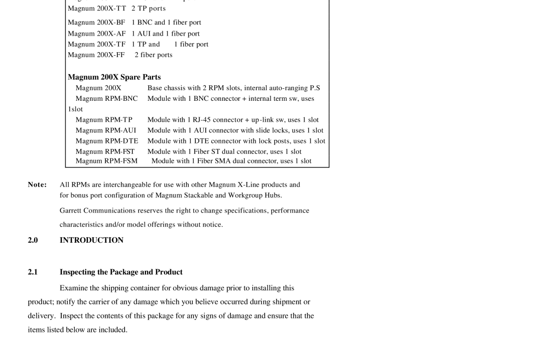 GarrettCom Magnum 20X manual Magnum 200X Spare Parts, Introduction, Inspecting the Package and Product 