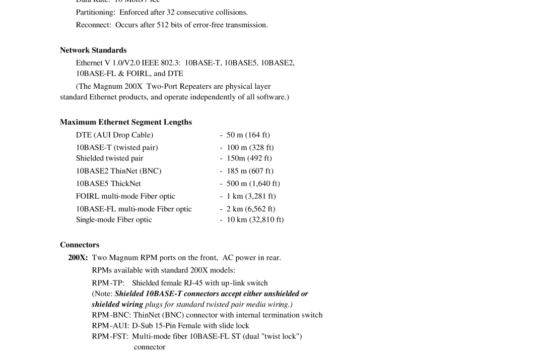 GarrettCom Magnum 20X manual Network Standards, Maximum Ethernet Segment Lengths, Connectors 