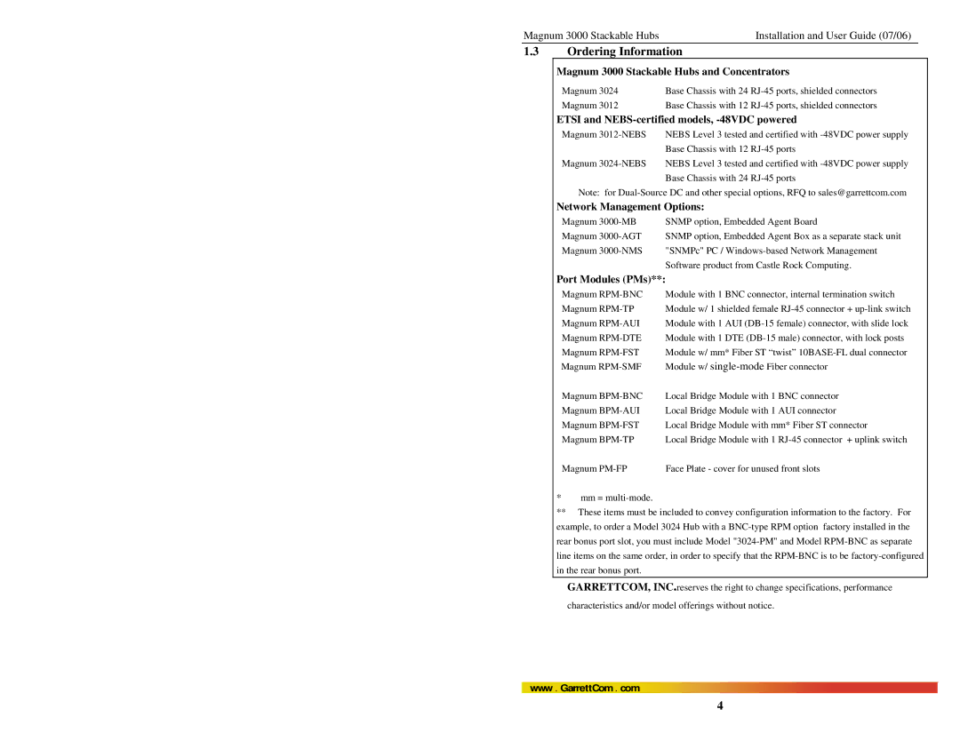GarrettCom manual Ordering Information, Magnum 3000 Stackable Hubs and Concentrators, Network Management Options 