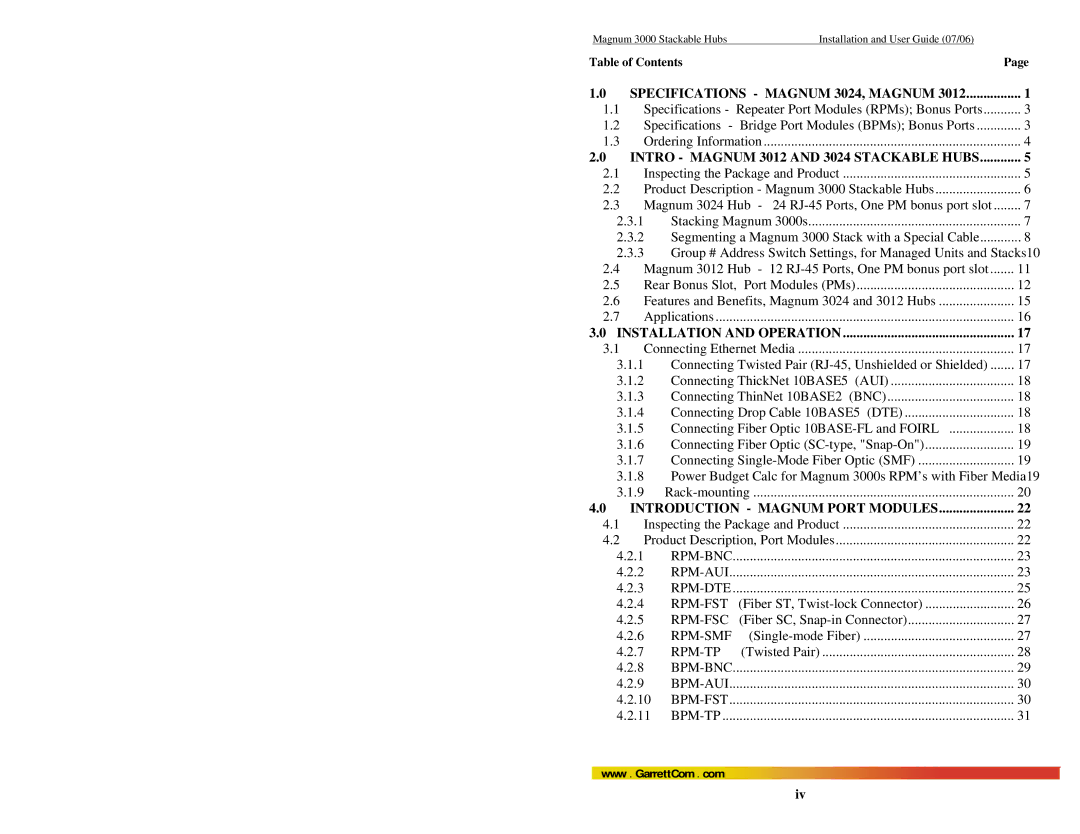 GarrettCom Magnum 3000 manual Specifications Magnum 3024, Magnum, Table of Contents 