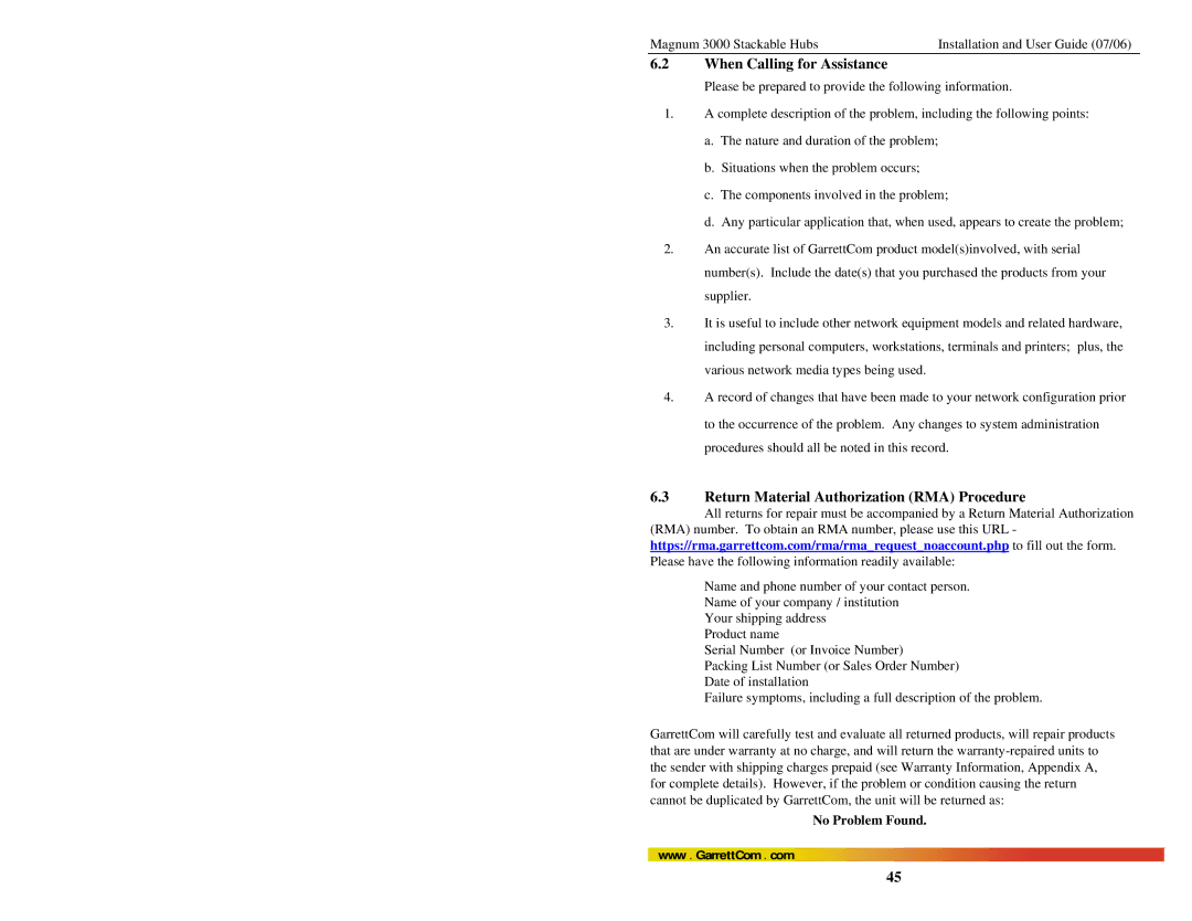 GarrettCom Magnum 3000 manual When Calling for Assistance, Return Material Authorization RMA Procedure, No Problem Found 