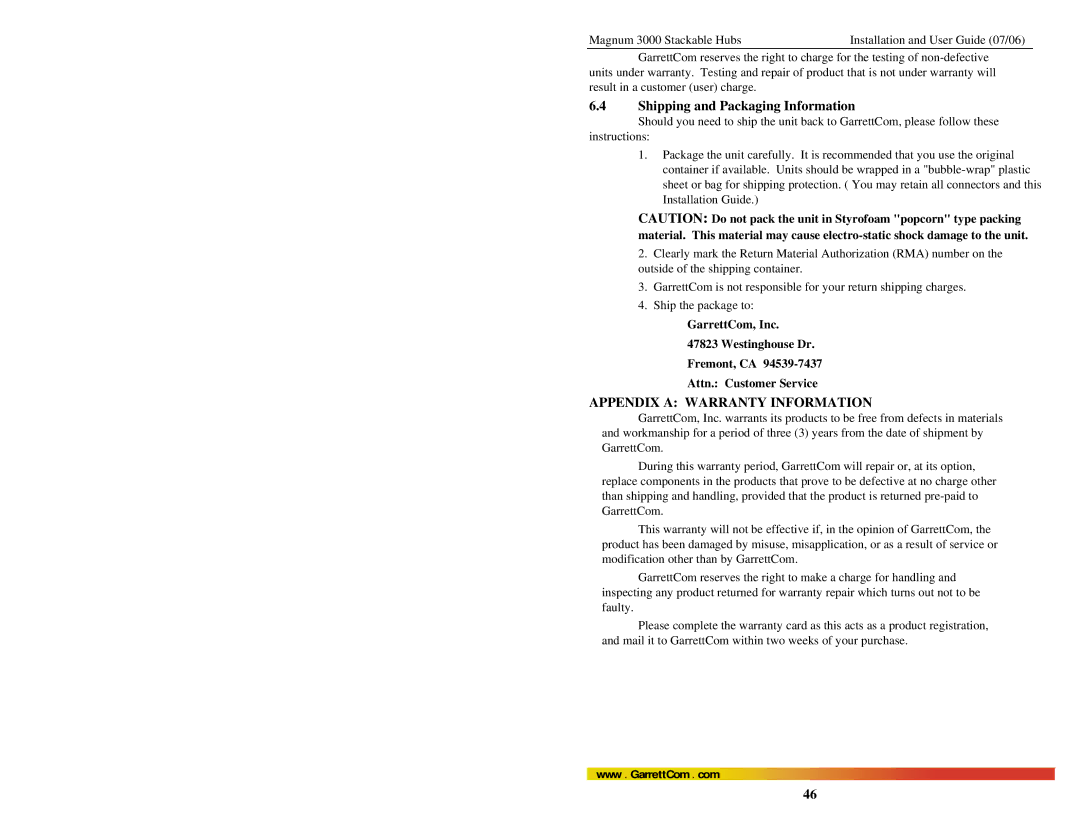 GarrettCom Magnum 3000 manual Shipping and Packaging Information, Appendix a Warranty Information 