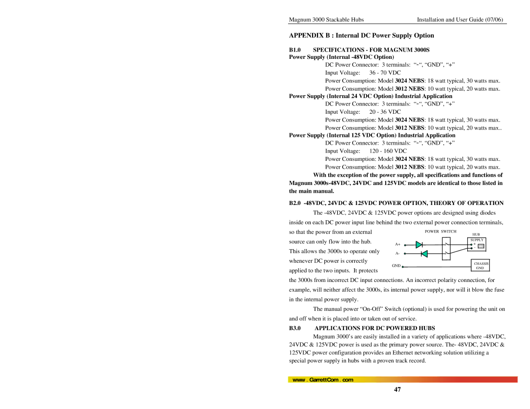 GarrettCom manual Appendix B Internal DC Power Supply Option, B1.0 Specifications for Magnum 3000S 