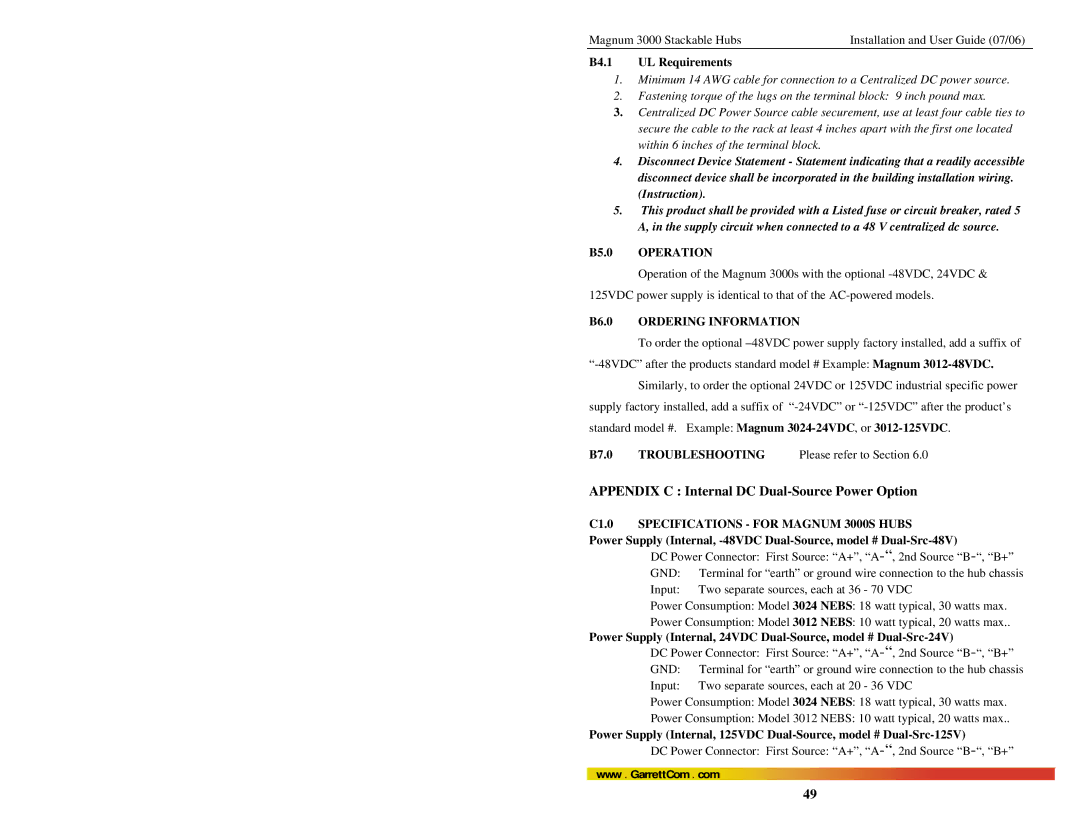 GarrettCom Magnum 3000 manual Appendix C Internal DC Dual-Source Power Option, B5.0 Operation, B6.0 Ordering Information 