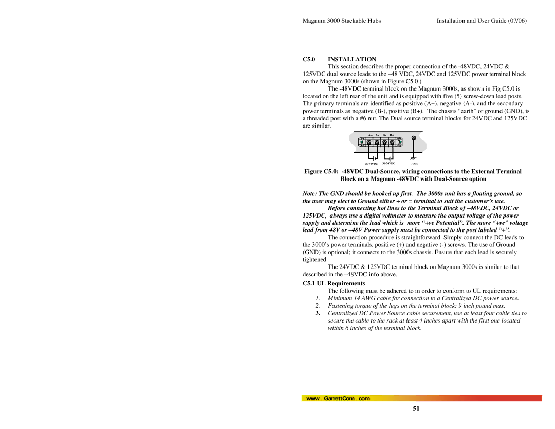 GarrettCom Magnum 3000 manual C5.0 Installation, C5.1 UL Requirements 