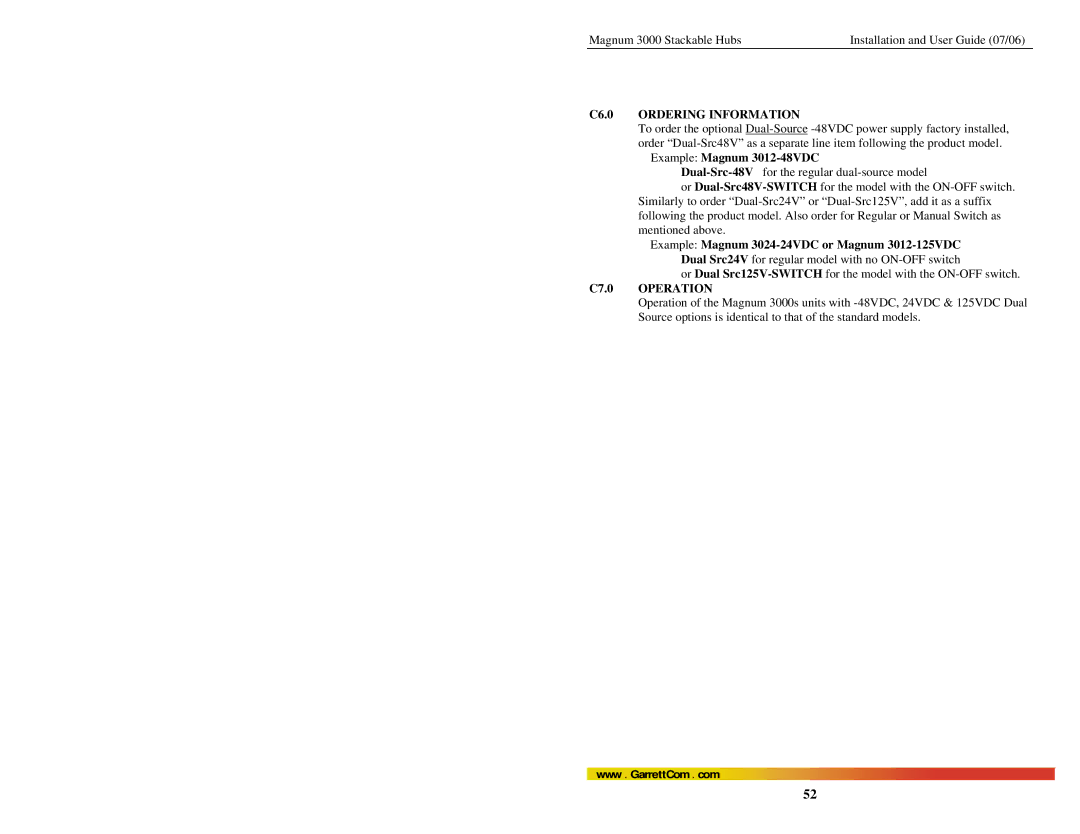 GarrettCom Magnum 3000 manual C6.0 Ordering Information, Example Magnum 3012-48VDC, C7.0 Operation 