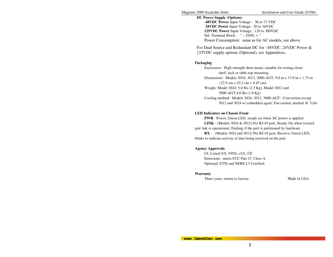 GarrettCom Magnum 3000 DC Power Supply Options, Packaging, LED Indicators on Chassis Front, Agency Approvals, Warranty 