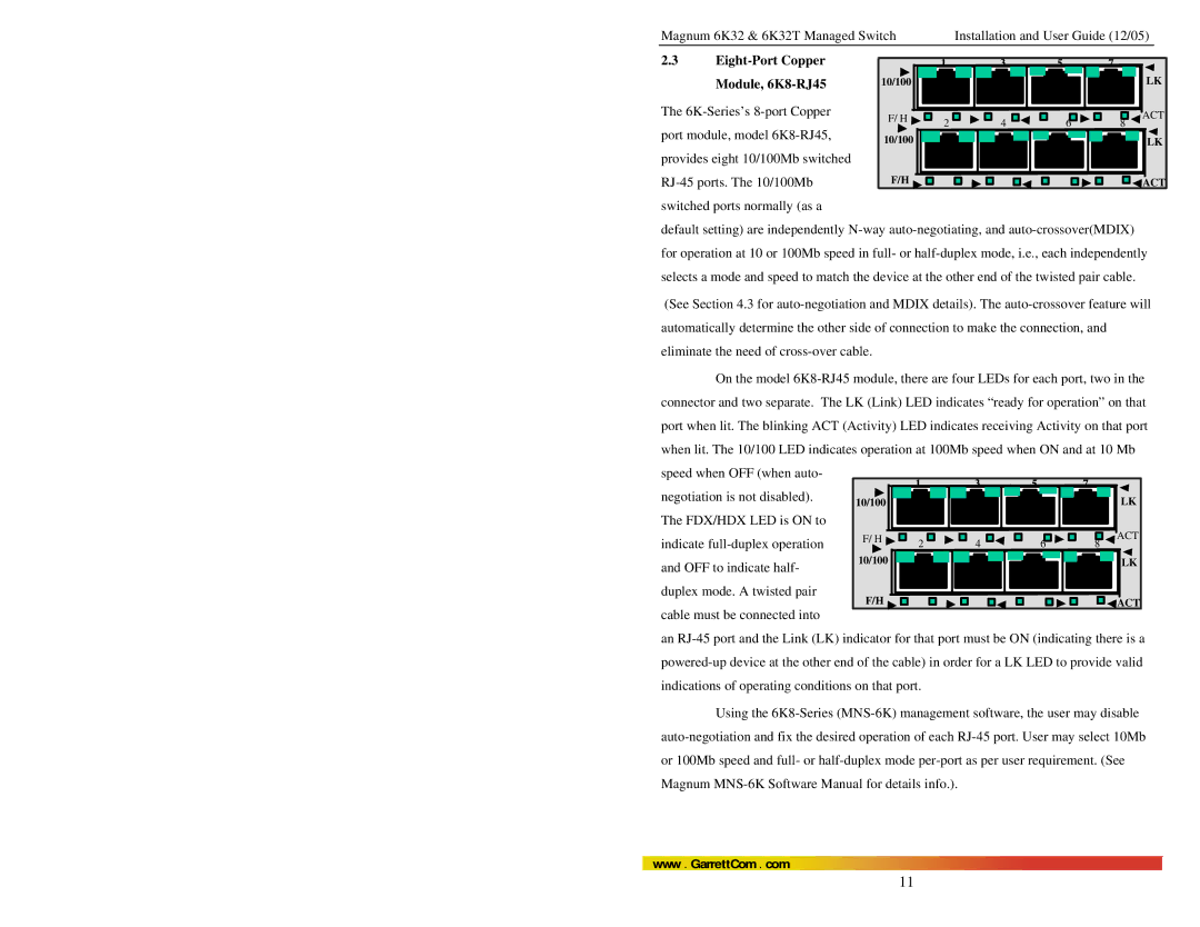 GarrettCom Magnum 6K32T user manual Eight-Port Copper Module, 6K8-RJ45 