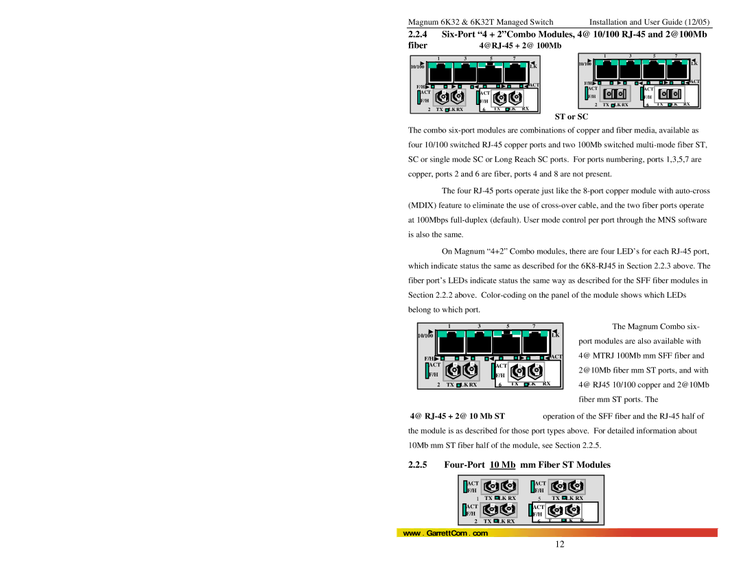 GarrettCom Magnum 6K32T user manual Four-Port 10 Mb mm Fiber ST Modules, @RJ-45 + 2@ 100Mb, ST or SC 