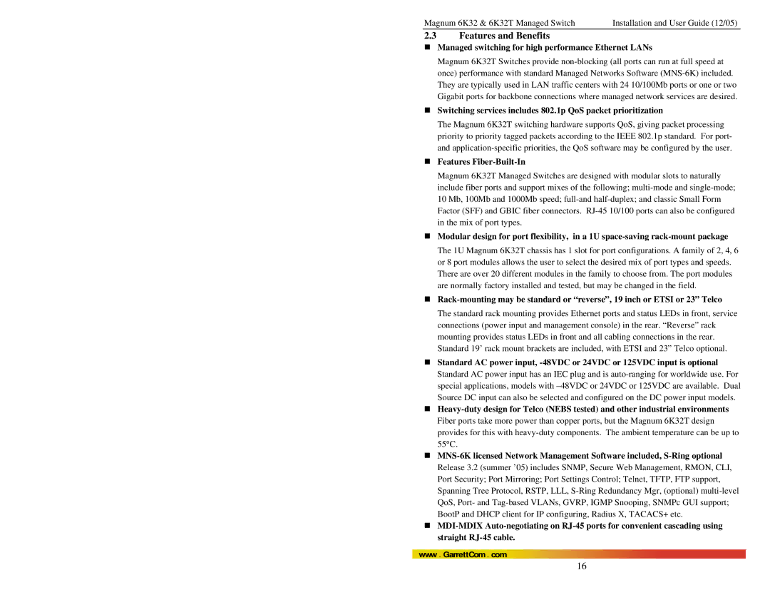 GarrettCom Magnum 6K32T user manual Features and Benefits, „ Managed switching for high performance Ethernet LANs 