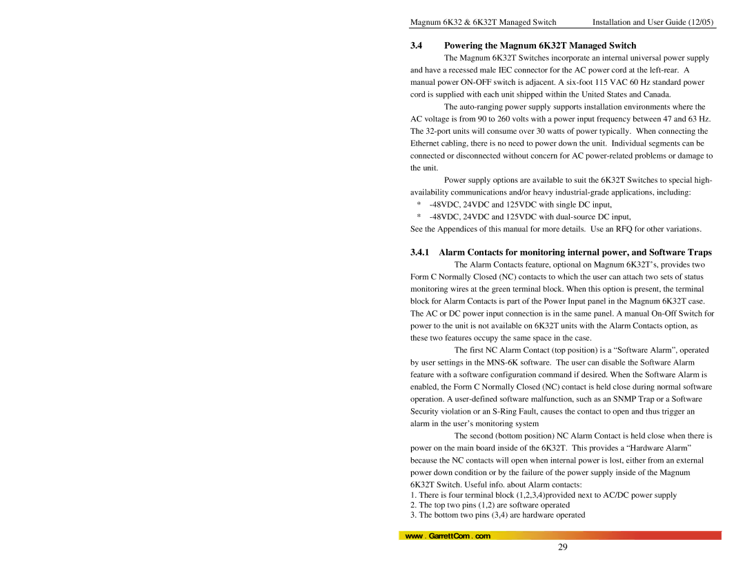 GarrettCom user manual Powering the Magnum 6K32T Managed Switch 