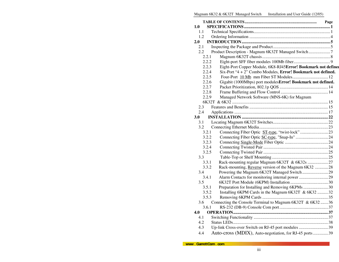 GarrettCom Magnum 6K32T user manual Introduction, Table of Contents 