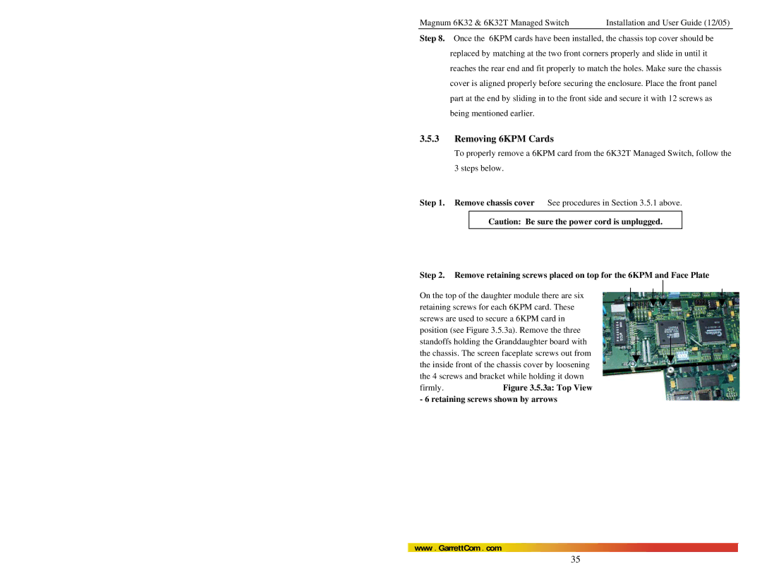 GarrettCom Magnum 6K32T user manual Removing 6KPM Cards, Firmly. .5.3a Top View 6 retaining screws shown by arrows 