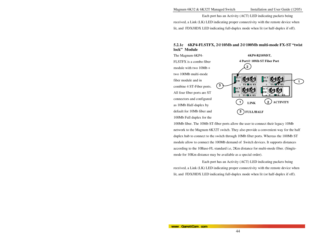 GarrettCom Magnum 6K32T user manual Magnum 6KP4, Flstfx is a combo fiber, Module with two 10Mb + Two 100Mb multi-mode 