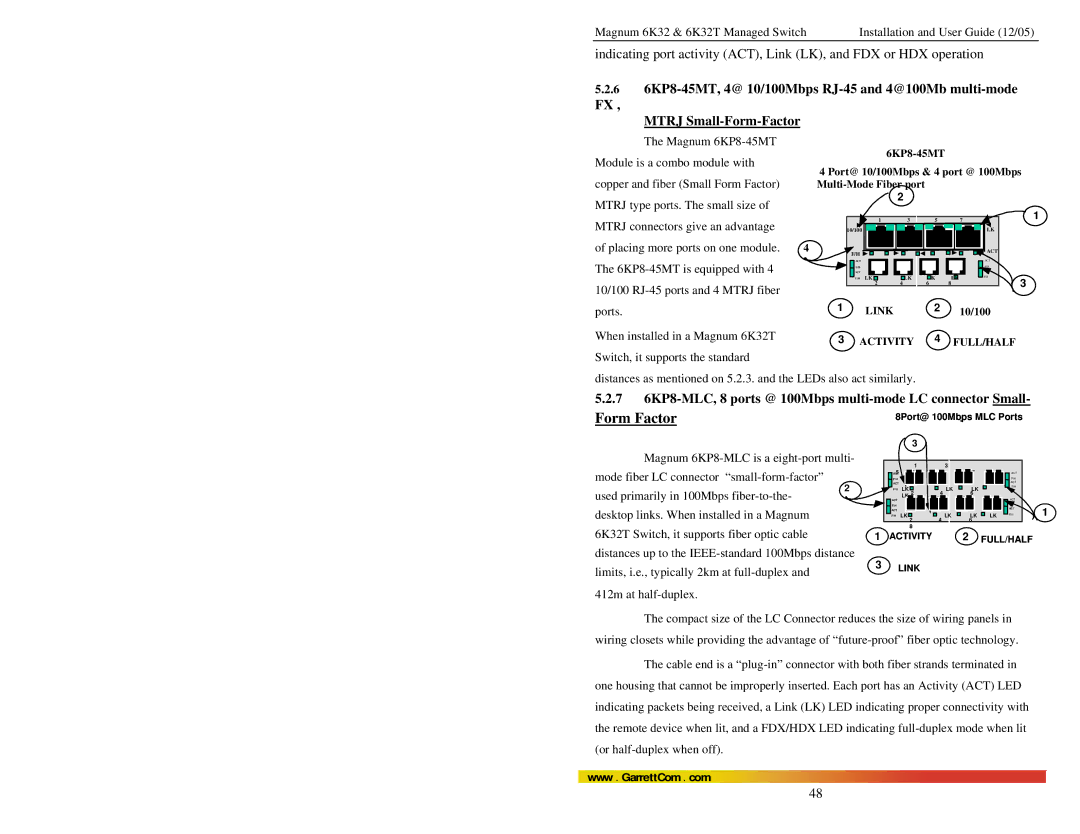 GarrettCom Magnum 6K32T user manual 7 6KP8-MLC, 8 ports @ 100Mbps multi-mode LC connector Small 