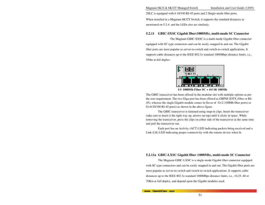 GarrettCom Magnum 6K32T user manual GBIC-SXSC Gigabit fiber1000Mb, multi-mode SC Connector 