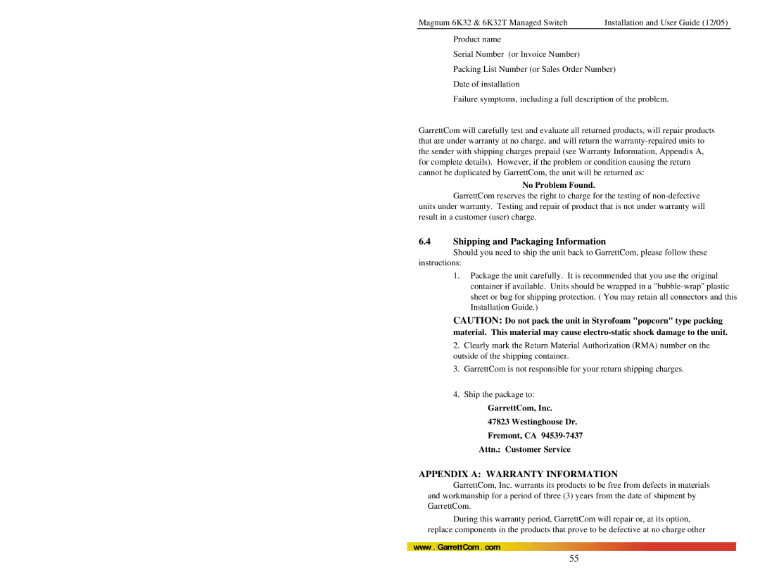 GarrettCom Magnum 6K32T user manual Shipping and Packaging Information, No Problem Found 