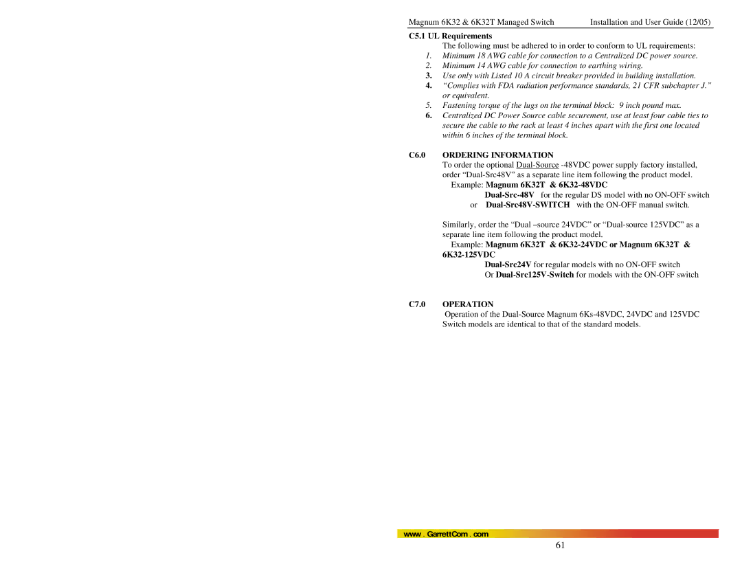 GarrettCom C5.1 UL Requirements, C6.0 Ordering Information, Example Magnum 6K32T & 6K32-48VDC, C7.0 Operation 