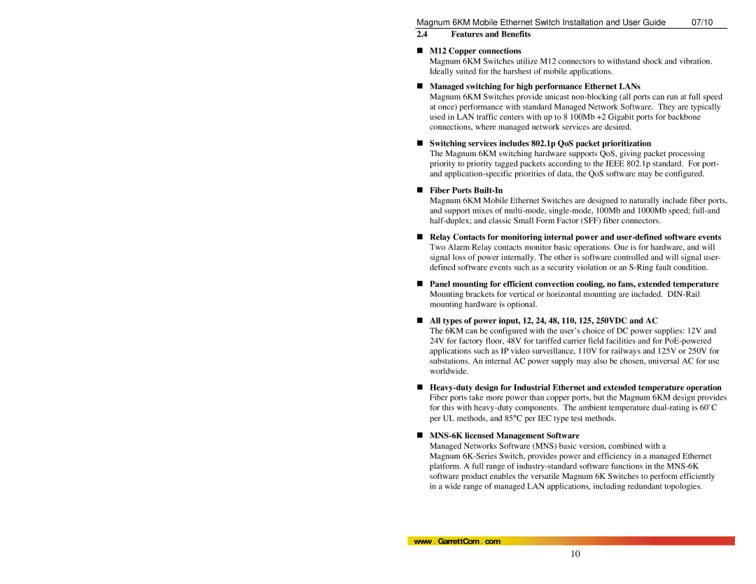 GarrettCom MAGNUM 6KM manual Features and Benefits „ M12 Copper connections, „ Fiber Ports Built-In 