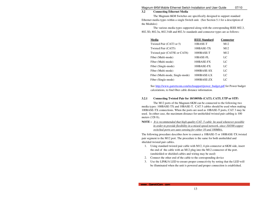GarrettCom MAGNUM 6KM manual Connecting Ethernet Media, Media Ieee Standard 