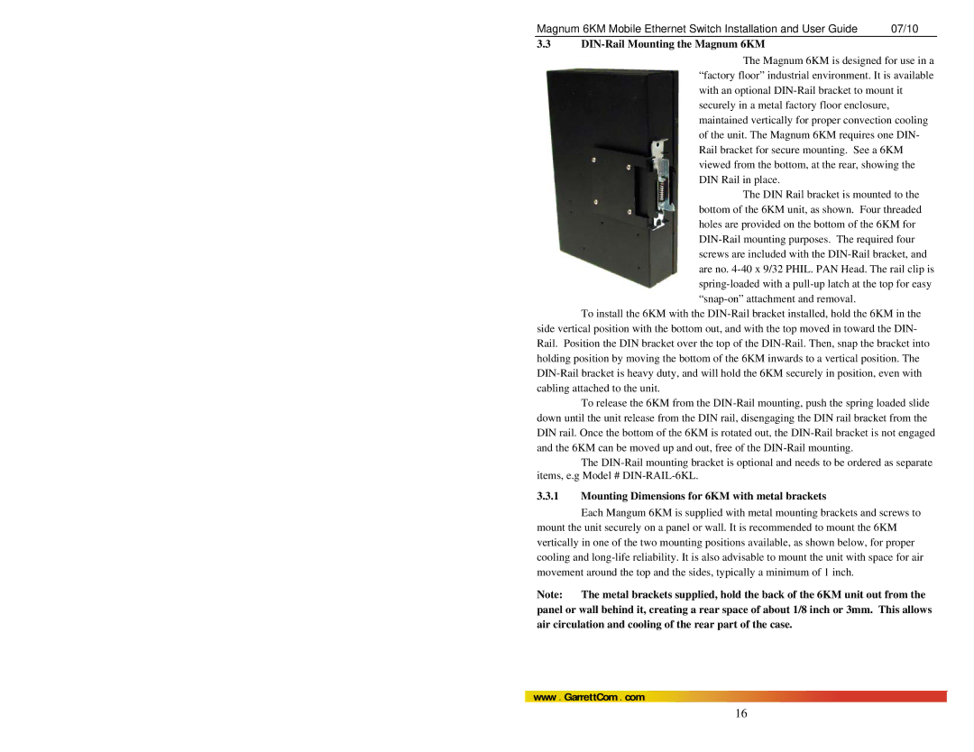 GarrettCom MAGNUM 6KM manual DIN-Rail Mounting the Magnum 6KM, Mounting Dimensions for 6KM with metal brackets 