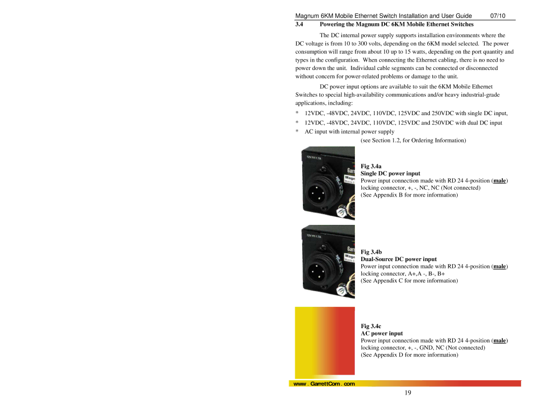 GarrettCom MAGNUM 6KM manual Powering the Magnum DC 6KM Mobile Ethernet Switches, Single DC power input, AC power input 