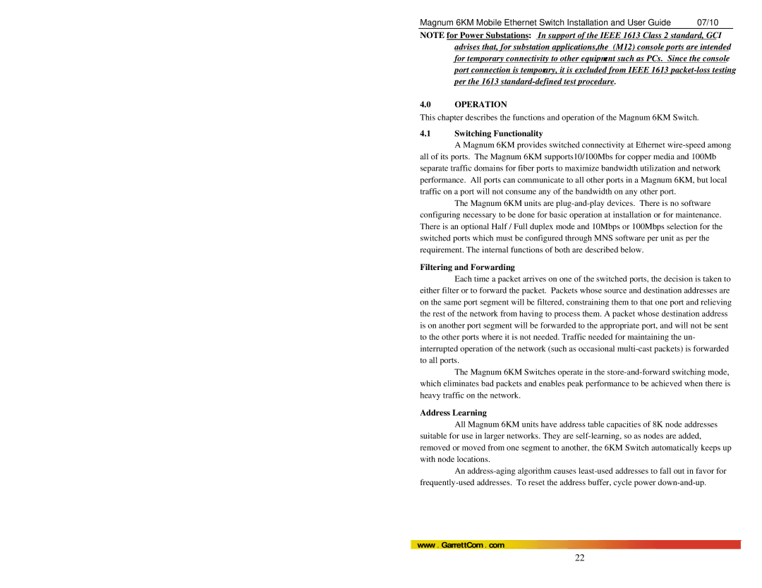 GarrettCom MAGNUM 6KM manual Operation, Switching Functionality, Filtering and Forwarding, Address Learning 