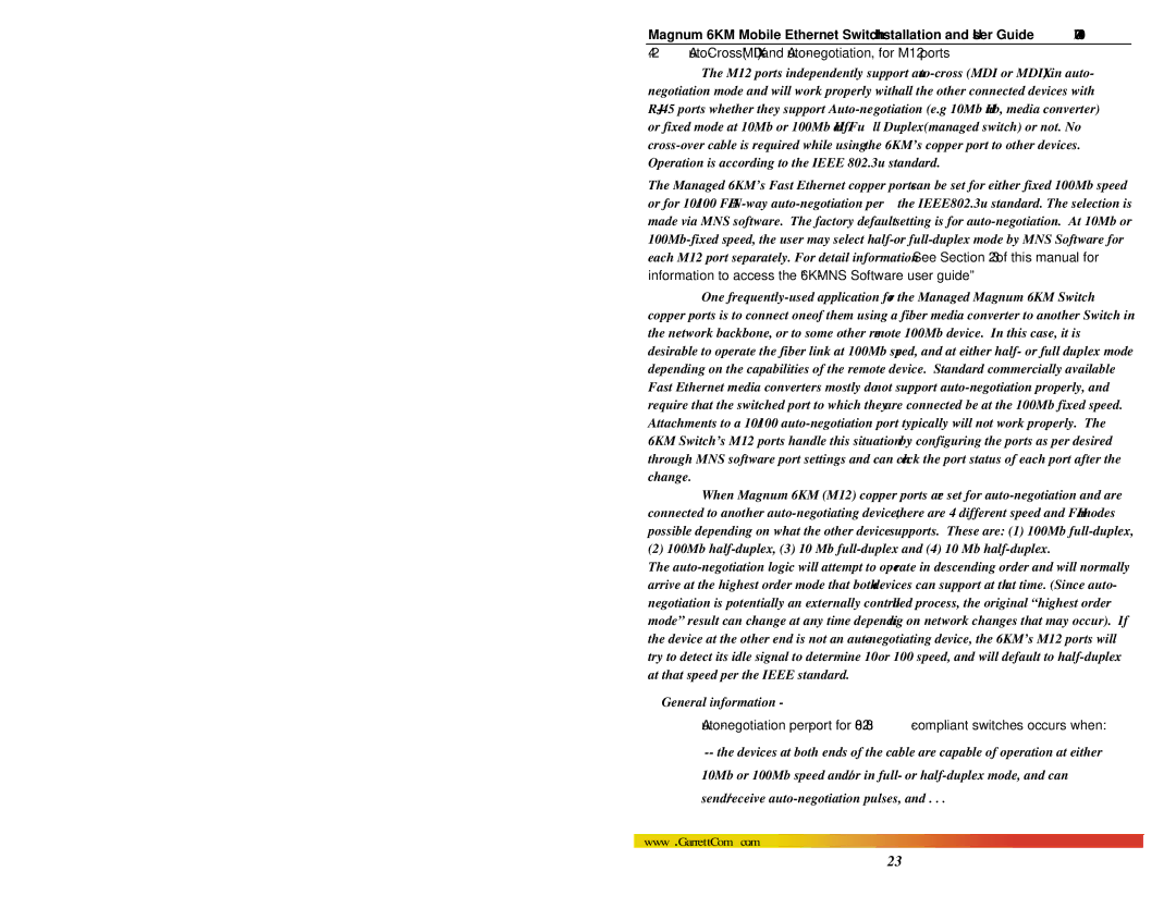 GarrettCom MAGNUM 6KM manual Auto-CrossMDIX and Auto-negotiation, for M12 ports 
