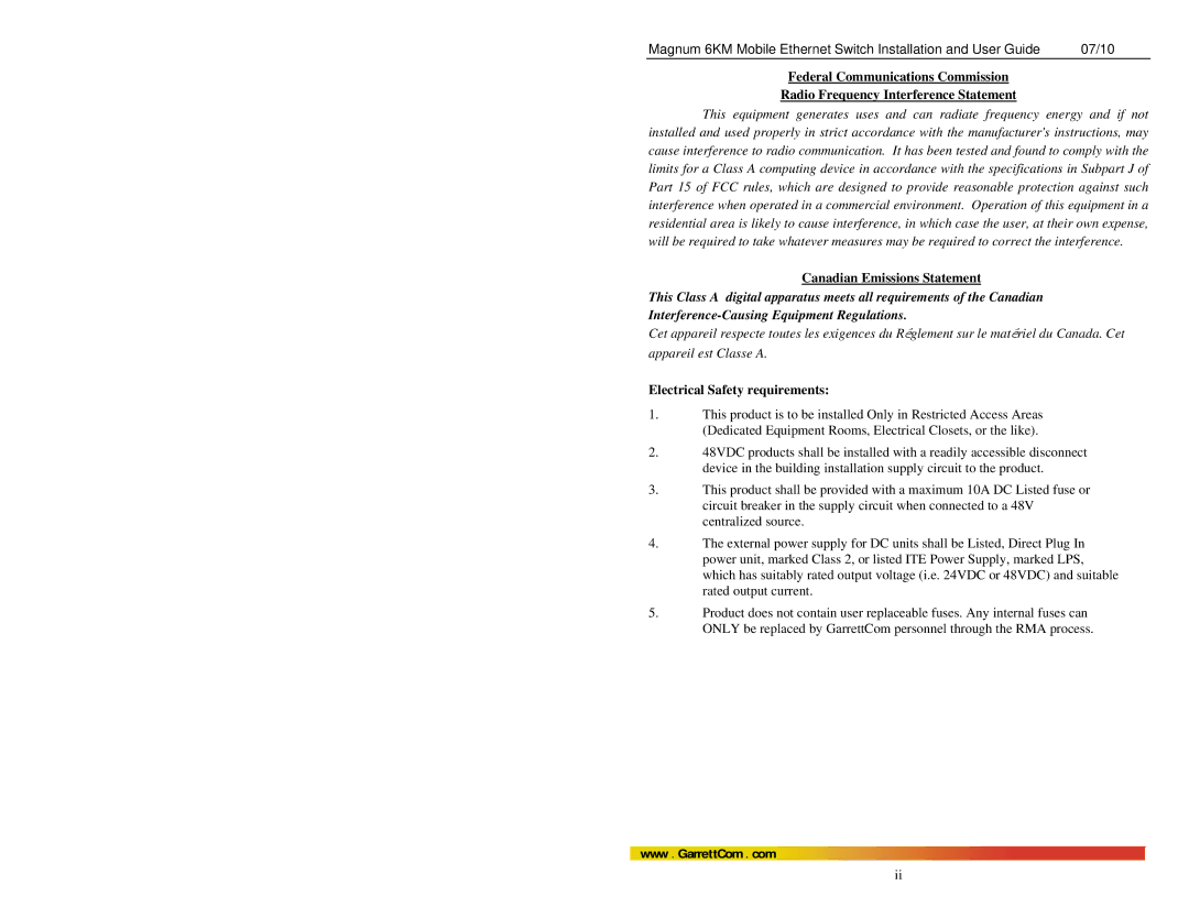 GarrettCom MAGNUM 6KM manual Canadian Emissions Statement, Electrical Safety requirements 