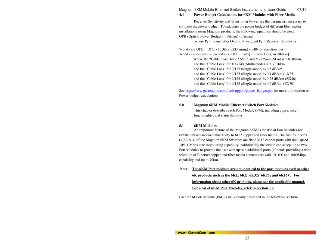 GarrettCom MAGNUM 6KM manual Power Budget Calculations for 6KM Modules with Fiber Media 