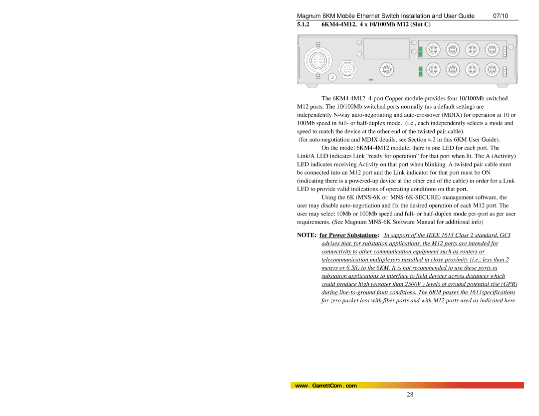 GarrettCom MAGNUM 6KM manual 6KM4-4M12, 4 x 10/100Mb M12 Slot C 
