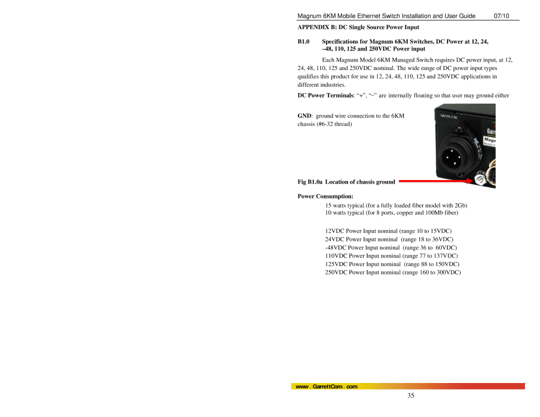 GarrettCom MAGNUM 6KM manual Fig B1.0a Location of chassis ground Power Consumption 