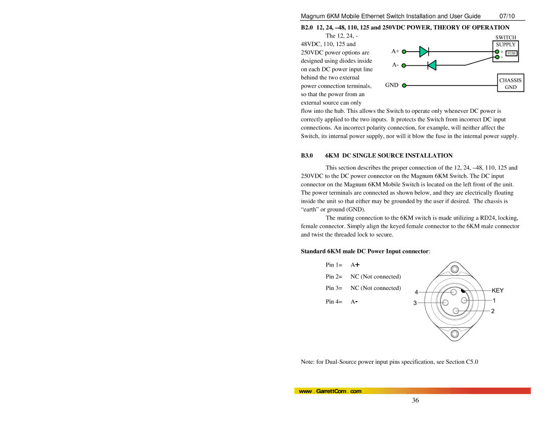 GarrettCom MAGNUM 6KM manual B3.0 6KM DC Single Source Installation, Standard 6KM male DC Power Input connector 