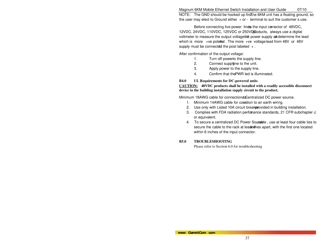 GarrettCom MAGNUM 6KM manual B4.0 UL Requirements for DC-powered units, B5.0 Troubleshooting 