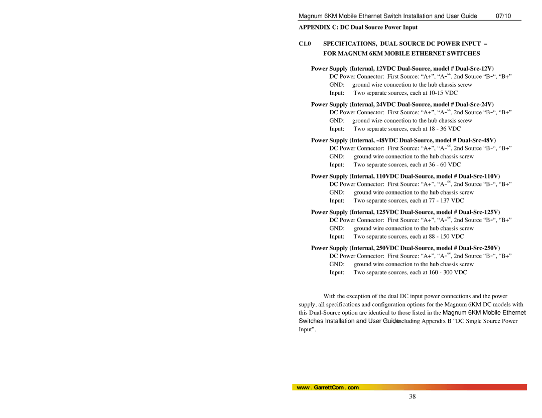 GarrettCom MAGNUM 6KM manual Appendix C DC Dual Source Power Input 