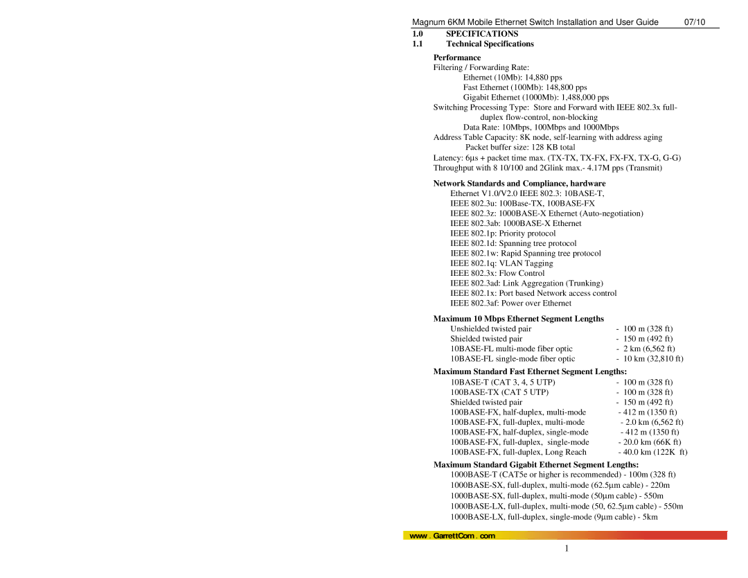 GarrettCom MAGNUM 6KM manual Technical Specifications Performance, Network Standards and Compliance, hardware 