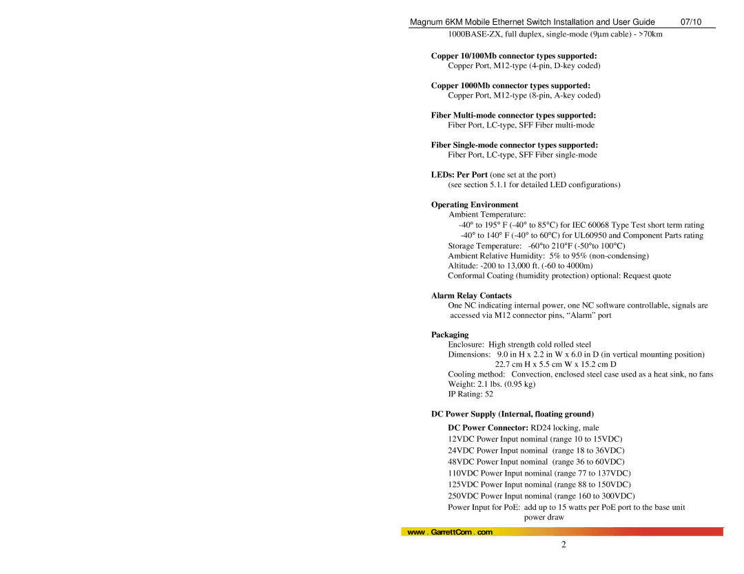 GarrettCom MAGNUM 6KM manual Copper 10/100Mb connector types supported, Copper 1000Mb connector types supported, Packaging 