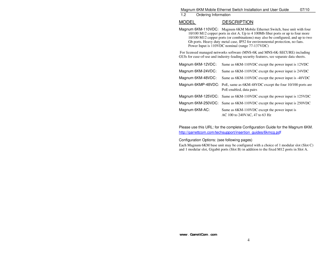 GarrettCom MAGNUM 6KM manual Ordering Information, Configuration Options see following pages 