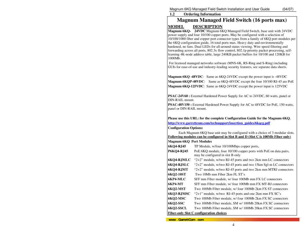 GarrettCom Magnum 6KQ manual Ordering Information 